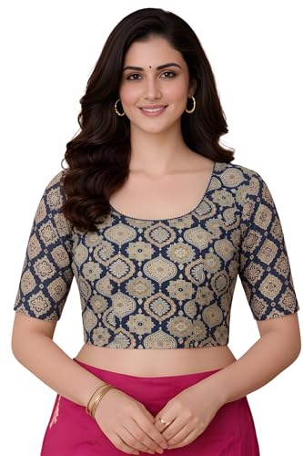 Image of Amazon Brand - Anarva Women's Kalamkari Print Cotton Stretchable Round Neck Readymade Saree Blouse