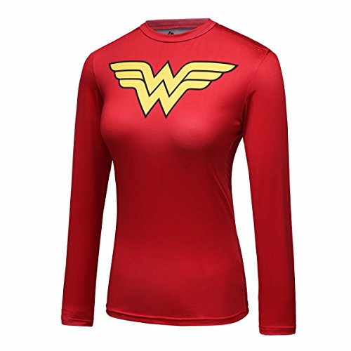 Red Plume Camiseta feminina de compressão esportiva Wonder Girl manga longa, Vermelho, P