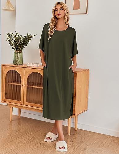 Image of Ekouaer Women's Nightgown Short Sleeve Sleepshirt Long Loungewear Casual Maxi Lounge Dress House Dresses with Pockets