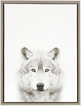Kate and Laurel Sylvie Wolf Black and White Portrait Framed Canvas Wall Art by Simon Te Tai, 18x24 Gray