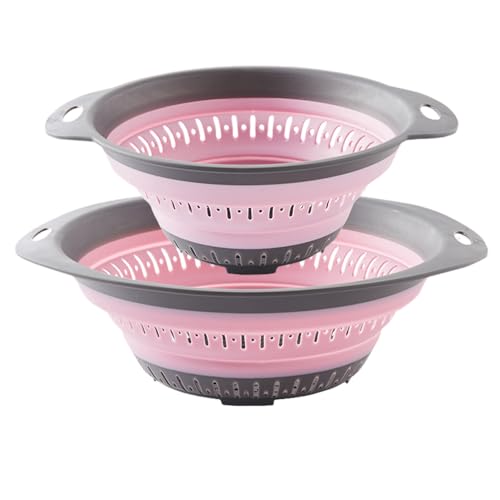 2 Pezzi Scolapasta Pieghevole Salvaspazio, Surwin Scolapasta Silicone Verdura, Cesto Scolapasta Plastica Silicone Pieghevole, per Drenare Pasta, Verdura, Frutta (Rosa)