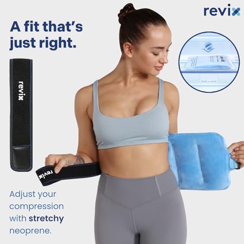 Image of REVIX Ice Pack for Injuries Reusable Gel for Lower Back & Shoulder, Blue | 16x9in Full Coverage for Lower Back, Shoulder, Hip & Knee, Cold Compress Therapy, Hands-free Strap, Long-lasting Gel
