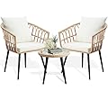 PORWEY 3 Piece Patio Bistro Set, Outdoor Wicker Apartment Balcony Furniture Sets, Rattan Table and Chairs Set of 2 for Porch Backyard Lawn Poolside Deck, Beige