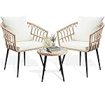 3 Piece Patio Bistro Set, Outdoor Wicker Apartment Balcony Furniture Sets, Rattan Table and Chairs Set of 2 for Porch Backyard Lawn Poolside Deck, Beige