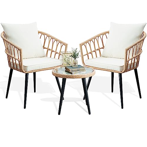 3 Piece Patio Bistro Set, Outdoor Wicker Apartment Balcony Furniture Sets, Rattan Table and Chairs Set of 2 for Porch Backyard Lawn Poolside Deck, Beige