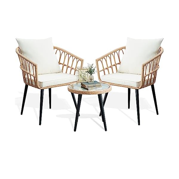 3 Piece Patio Bistro Set, Outdoor Wicker Apartment Balcony Furniture Sets, Rattan Table and Chairs Set of 2 for Porch Backyard Lawn Poolside Deck, Beige