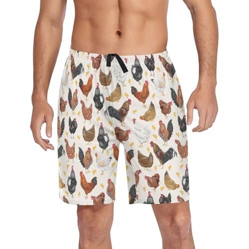 Men's Pajama Shorts Soft Comfy Casual Sleep Lounge Rooster Hen Chicken Pj Bottom with Drawstring & Pockets