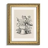 VIYYIEA Framed Canvas Wall Art, 11x14 Inch Vintage Frog Illustration, Whimsical Funny Animal Bathroom Wall Art for Bathroom and Powder Room Decor