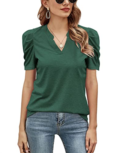 FARORO Damen V-Ausschnitt T-Shirts Kurze Puffärmel Sommer Tops Casual Tee Shirts Loose Fit Tunika Bluse, Grün , Mittel Cover