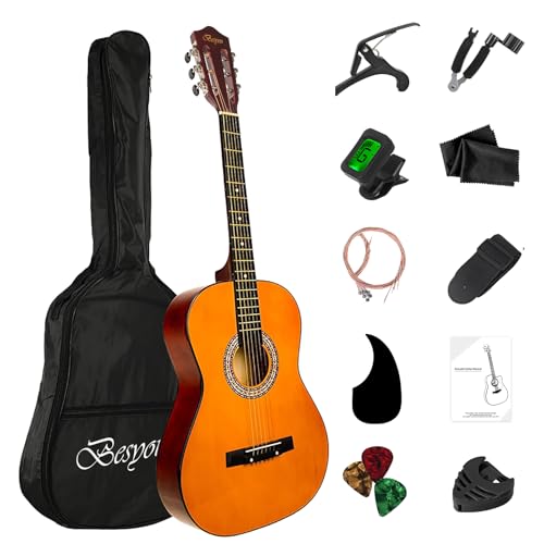 BESYOU 38in Acoustic Guitar Travel Guitar Beginner Introductory Practice Guitar For Teens Students with Soft Case