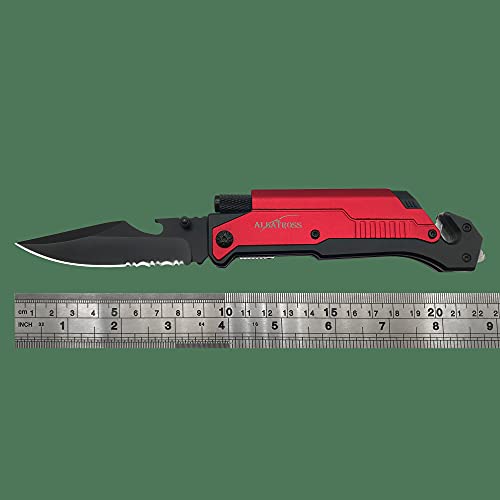 7-In-1 Dispatcher Tactical Knife With Glass Breaker, Seatbelt Cutter,Steel Serrated Blade,Flashlight,Fire Starter,Bottle Opener And Carrying Bag, Good For Military Emergency Outdoor Rescue (Red) #TOP5