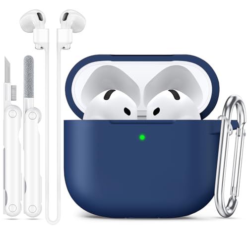Joremx Compatible with AirPods 4 Case 2024 with Cleaner Kit & Anti-Lost Rope,Silicone Protective Case for Apple AirPods 4th Generation for Women Men,AirPod Case Accessories with Keychain,Midnight blue
