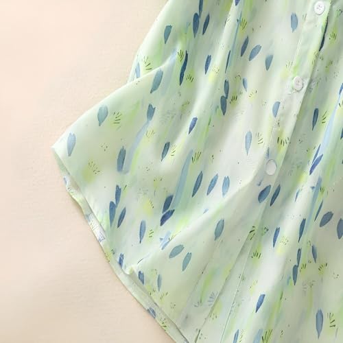 Image of Gufrina Women's Sea Green Leaf Printed Western Shirt with Button Down Front, Puff Sleeves and Relaxed Fit Design