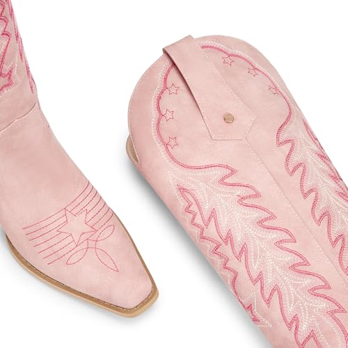 wetkiss Cowboy Boots for Women Knee High Cowgirl Boots Retro Embroidered Chunky Heels Pointed Toe Western Long Tall Boot Pull On3