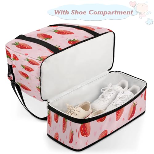 Travel Duffel Bags Heart Strawberry Pink Foldable Weekender Bags for Women with Shoes Compartment Waterproof & Tear Resistant Carry on Overnight Luggage Duffel Bag Shoulder Sports Tote Bag,B-2654