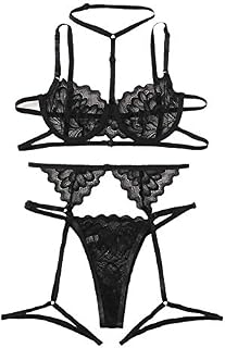 SheIn Women's Floral Lace Embroideried Sheer Garter Lingerie Set with Choker X-Large Black