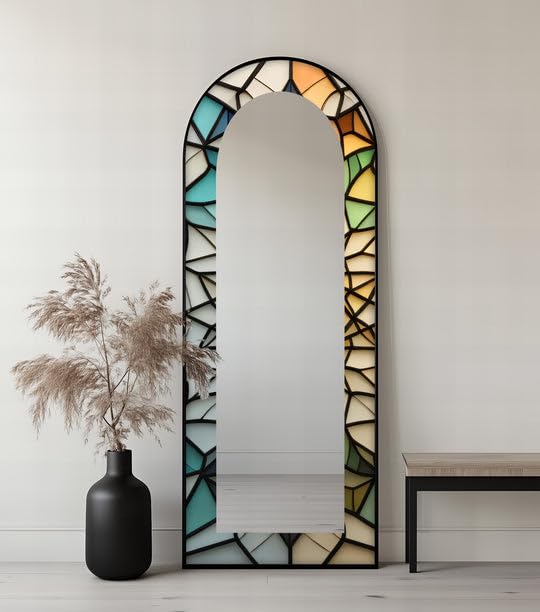 Specchio da pavimento a mosaico a lunghezza intera, 50,8 cm x 160 cm (larghezza x altezza), specchio da pavimento colorato con cornice nera con cornice nera