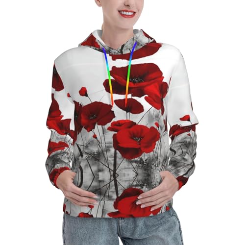 Sweat à capuche femme coquelicot rouge pull mi-saison chaud avec poche mi-saison