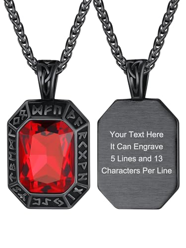 Image of ChainsHouse Viking Rune Pendant Necklace for Men Women, Punk Biker Black Metal /316L Stainless Steel Onyx Norse Vintage Amulet Necklaces with Black /Red /Green /Blue Gemstone, Send Gift Box