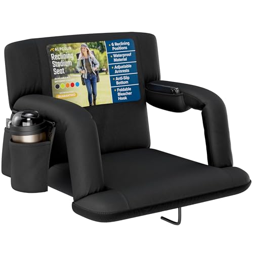 Alpcour Folding Stadium Seat – Deluxe Reclining Wide Adults Camping Back Support Chair for Bleachers – Best Extra Thick Plus Size Waterproof Lightweight Sturdy Padded Bleacher Seats Backs w/Arm Rests