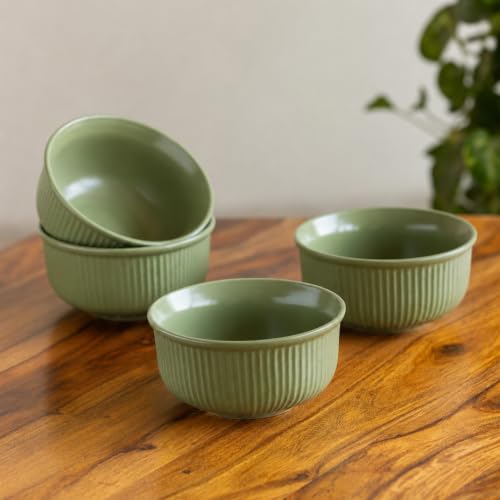 Image of ExclusiveLane 'Sage Ribbed' Hand Glazed Ceramic Bowls for Serving Bowl Set (Set of 4, 480 ml, Microwave Safe, Dishwasher Safe, Green) | Kitchen Bowl Ceramic Serving Bowls for Snacks Serveware