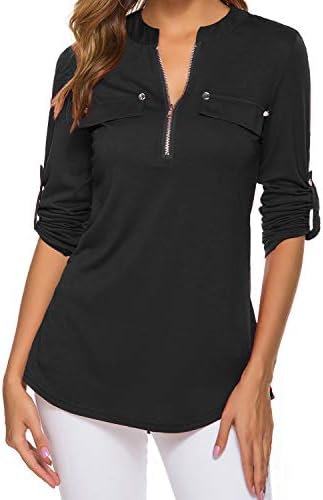 LuckyMoreWomen's 3/4 Sleeve Tops Cuffed Zip V Neck Business Casual Work Blouses Tunic Shirts