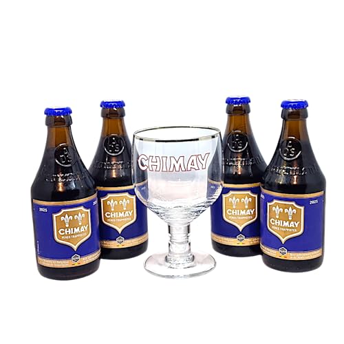 Chimay, bicchiere ufficiale Chimay blu con 4 bottiglie offerte, set regalo per amanti e collezionisti
