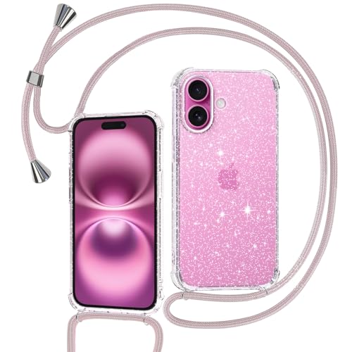 Tikgue Coque pour iPhone 16 Plus avec Cordon, Collier Coque Glitter Transparent Paillettes Etui TPU Bumper Silicone Case avec Chaîne Lanière Housse - Or Rose