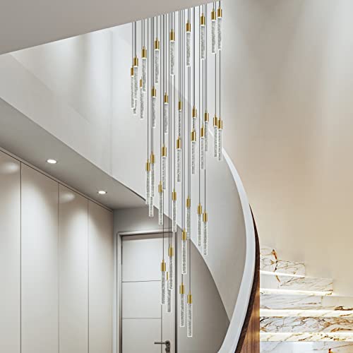 Image of 36-Light Modern Living Room Chandelier Gold Brass Finish Crystal Ceiling Pendant Lights LED Dimmable 216W 6000K Staircase Large Chandeliers for Entryway Lobby Foyer High Ceiling Chandeliers