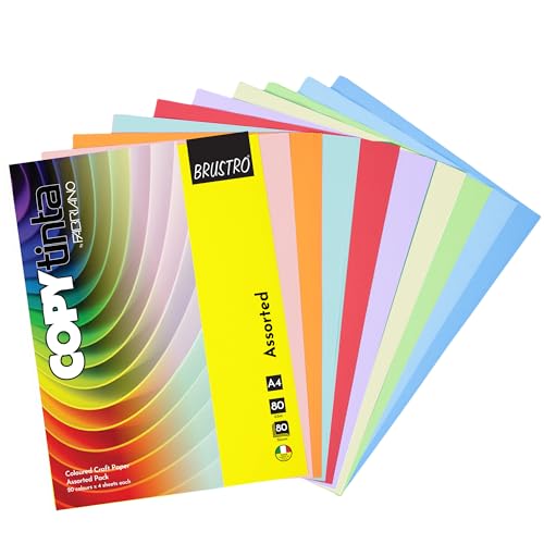 Image of BRUSTRO Copytinta Mixed Bright & Soft Colour Craft Paper| A4 Size | 80 GSM |Pack of 80 Sheets (20 colors x 4 sheets)|Double Side Colored, Ideal for Origami, Scrapbooking, Making Card, DIY Art & Craft.
