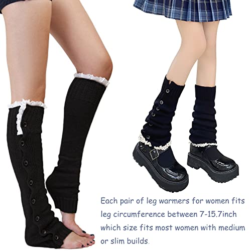 Bifpast Leg Warmers Harajuku With Lace Button Knit Harajuku Japanese Style Kawaii Lolita Gothic Flared And Loose Fit Knit Long Leg Warmers Loose High Socks (Black) #TOP3