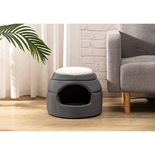 Hollypet 14×14×12 Inches Self-Warming 2 In 1 Foldable Cave Shape High Elastic Foam Pet Cat Bed, White Top #TOP2