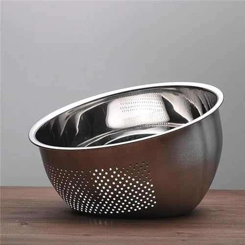 Image of KRESHU Heavy Quality Stainless Steel 304 Food Grade 3-in-1 Bowls Vegetables Rice Washer with Side Drain Bowls Colander Strainer Basket Ideal for Kitchen Tools Vegetables, Rice, Fruits (23cm, Silver)