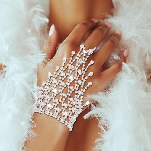 GORTIN Rhinestone Fingerless Gloves Silver Sparkle Wedding Glove Glitter Prom Hand Chain for Women 5