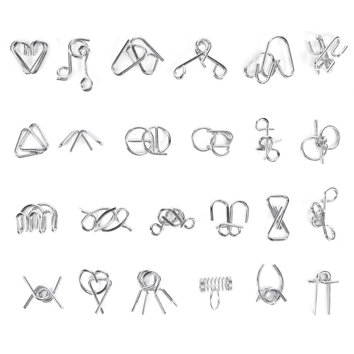 24 Stück Knobelspiele Set für Erwachsene, 3D Brainteaser Metallpuzzle Kit für Kinder, Knobelspiele IQ Spiele Set für Junge und Mädchen, Entwirrung Puzzles Geduldspiele für Erwachsene und Studenten