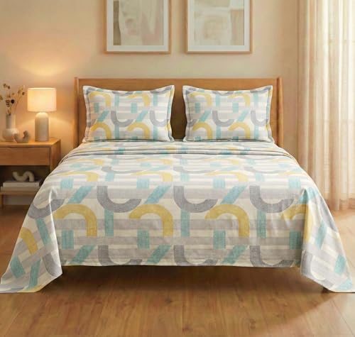 Image of BSB HOME Cloud Cotton King Size Bedsheet Set 228 x 254 cm, 220 Thread Count Soft & Breathable Cotton Bedsheet with 2 Pillow Covers, Floral Printed Bedding for Home (Creamy Beige)