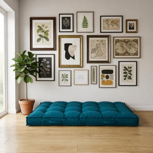 Image of SKANDA FAB Low Seating Cushion -100% Cotton Twill, Hand-Plotted Microfiber Filling, Floor Cushion with 2 Back Support Cushions - Ideal for Living Room, Balcony, Lounge- 80x120 Dark Green (Pack of 1)