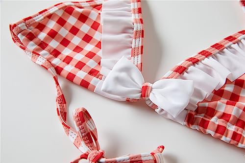 Mud Kingdom Beach Sport Swimsuit for Little Girls Ruffle Plaid Bow Knot Halter with Pleated Hem Bottom Bikini Set 2 Piece Red and White Check Size 7-83