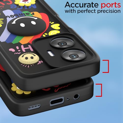 Image of Pikkme Back Cover for Realme Narzo N55 / Realme C55 | Soft Silicone| Cute Rainbow Smile & 3D Cartoon Flower Design | Shockproof Raised Camera Protection Bumper Case (Black)