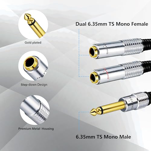 Cable divisor de audio Y 6.35mm TS Mono macho a dual hembra 0.5m miniatura 3