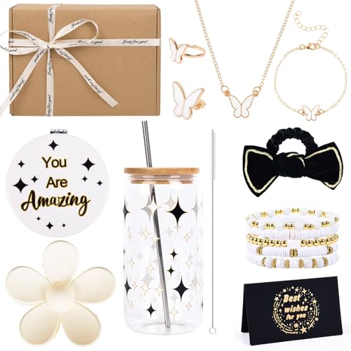Kococaty Cadeaux pour adolescentes 8 9 10 11 12 13 14 15 16 ans, Tasse en verre avec couvercle et paille,Haarband, Miroir de poche, Ensemble de colliers pinces à cheveux et bracelet 5 en 1