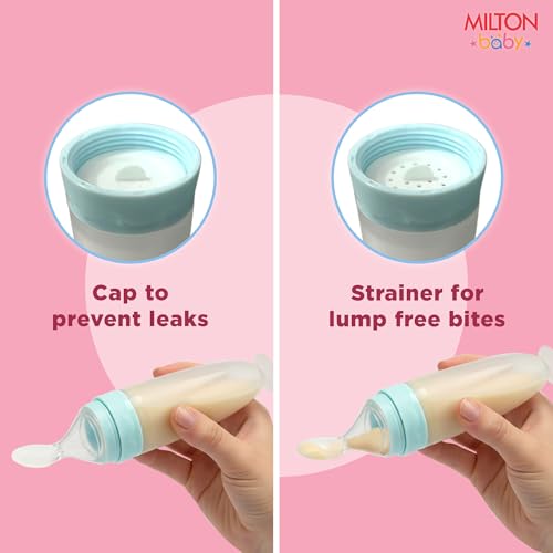 Image of Milton Baby Silicone Spoon Food Feeder I BPA Free-Food Grade I Anti-Spill Suction Base I Removable Strainer - Spill Proof Cap I Travel Friendly I for Cerelac, Puree and Semi Liquid Food I Sky Blue