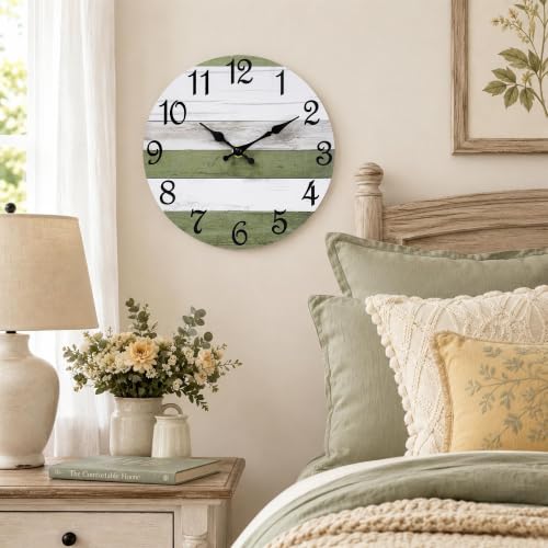 Image of CHYLIN Wall Clock Silent Non-Ticking Battery Operated Green White Striped