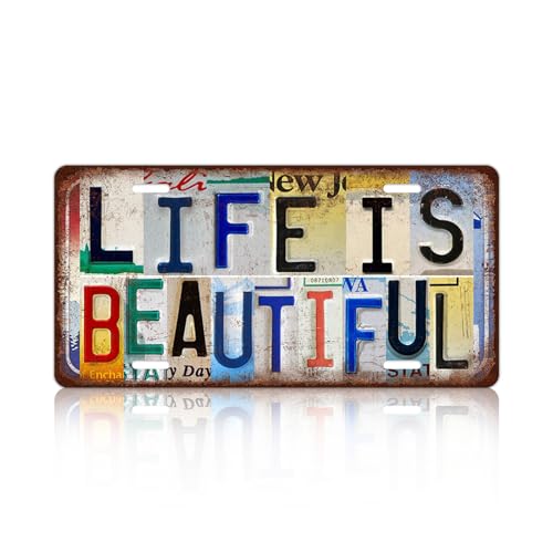 TREEPERI Vintage License plate Wall Decor Metal Sign Tin Signs for Bar Home Bedroom Garage - Life Is Beautiful