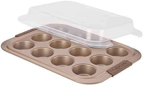 Anolon Bronze Nonstick 12-Cup Muffin Tin With Silicone Grips and Lid / Nonstick 12-Cup Cupcake Tin With Silicone Grips and Lid - 12 Cup, Brown