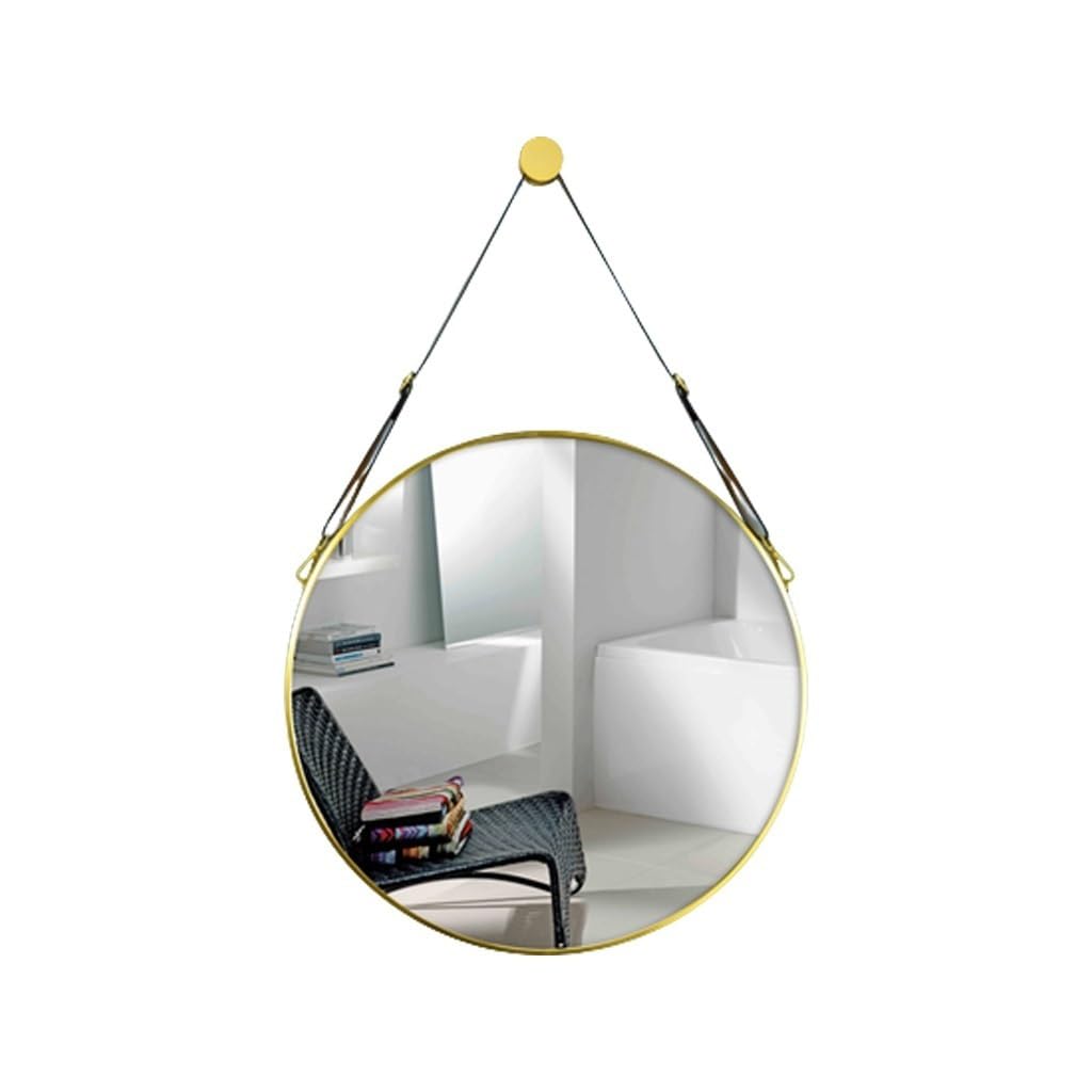 BKSXSOP 60cm Round Wall Mirror with Adjustable Leather Strap, Elegant Gold Decor for Entryway, Bathroom & Bedroom Vanity, Stylish Home Accent