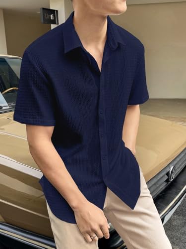 Image of GRECIILOOKS Men's Polycotton Shirt |Stylish Casual Regular Fit Shirts | Textured Half Sleeve | Slim Fit | Business & Meeting Ready (Available in Plus Size)