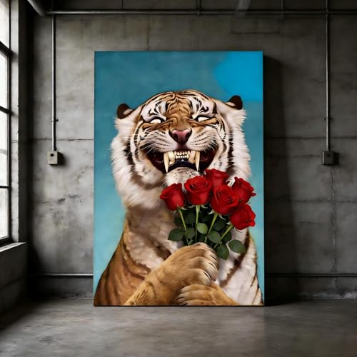 Toile Tigre Souriant RGsixiot 50x70cm avec cadre interne pour déco murale