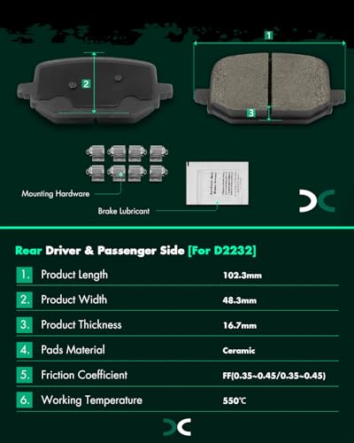 Image of SCITOO D2232-9471 Disc Brake Pads Sets Rear Ceramic Brake Pads w /Hardware | 2020-2025 For Ford For Explorer 2.3L,2020-2025 For Explorer 3.0L,2020-2023 For Explorer 3.3L,2024-2025 For Mustang 2.3L