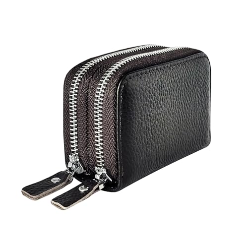 Women's Leather Multi Compartment Credit Card Wallet, Zip Accordion Wallet, RFID Blocking (Black)
